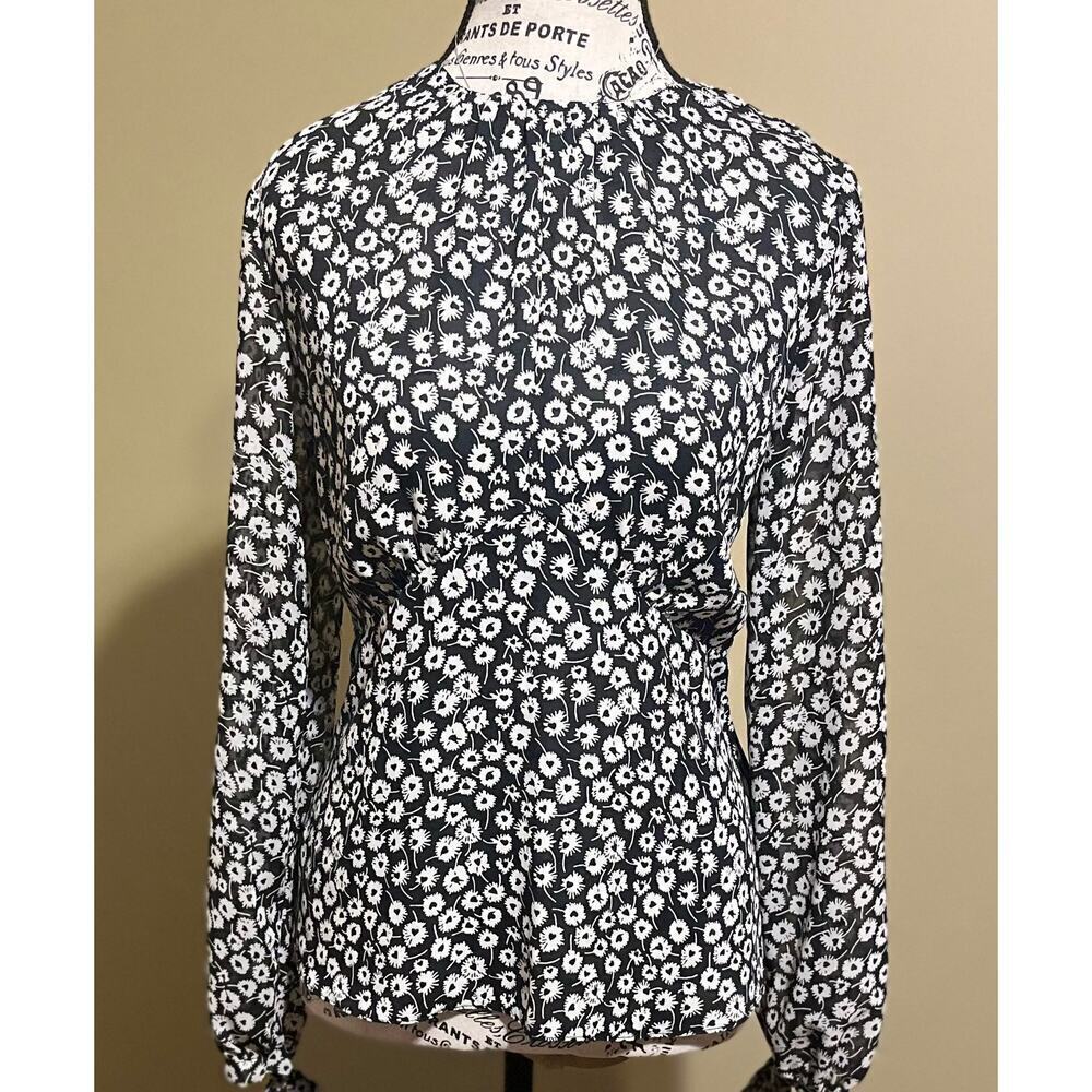 Topshop Women's Size 6 Black & White Floral Print Tie Sleeve Open Back Blouse - Picture 2 of 8